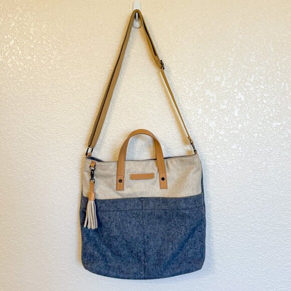 Sherpani Faith Messenger Crossbody Bag Gray Wool Tan Vegan Leather Soft Utility - Picture 1 of 14